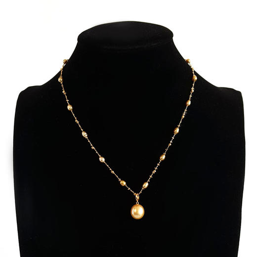 【天然正品】AU750黄金镶天然近圆12MM浓金色keshi海水珍珠吊坠项链直径：12MM（皆取最大值）女士现售价：4680！160325NJM02 商品图0