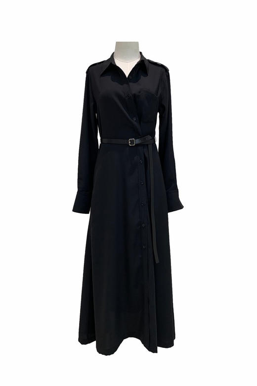 黑色挺括骨感长款高腰连衣裙 斜扣腰带衬衫裙 解锁高级感穿搭密码 不对称设计 精准收束腰线 微A字长线条裙身 分量感大裙摆 面料细腻垂坠 商品图8