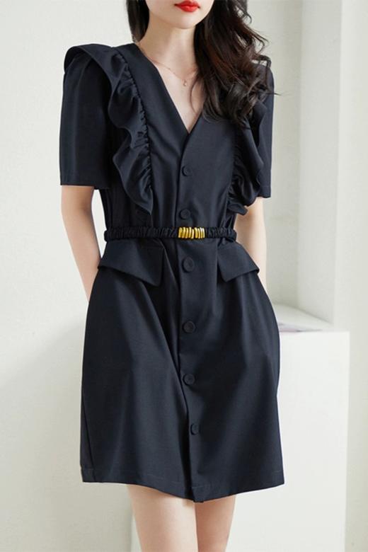 LNNNS 藏青色荷叶边装饰连衣裙 19893 商品图0