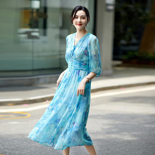 彩蝶印花松紧腰双绉真丝连衣裙CS90433 商品图3