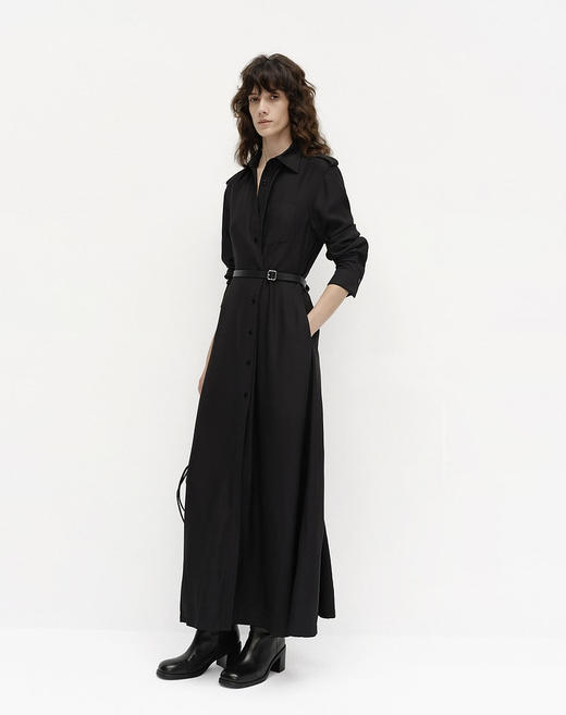 黑色挺括骨感长款高腰连衣裙 斜扣腰带衬衫裙 解锁高级感穿搭密码 不对称设计 精准收束腰线 微A字长线条裙身 分量感大裙摆 面料细腻垂坠 商品图2