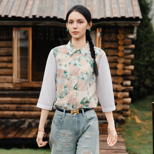 谜底花色衬衫七分袖女2025夏季新款小碎花拼接合体衬衣256MC6221 商品图0