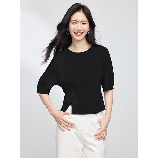 【周末秒杀】熙世界纯棉开叉中袖T恤女设计感2025夏季新款法式五分袖短款上衣 商品图3