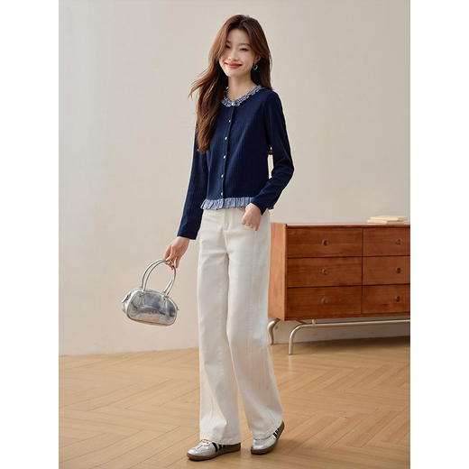 【年终特卖】熙世界学院风针织卫衣女设计感撞色木耳边假两件上衣2025春日新款 商品图4