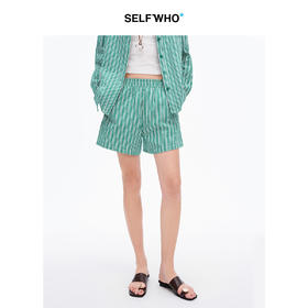 SELFWHO棉亚麻混纺绿色条纹短裤女2025春季松紧腰宽松通勤休闲裤