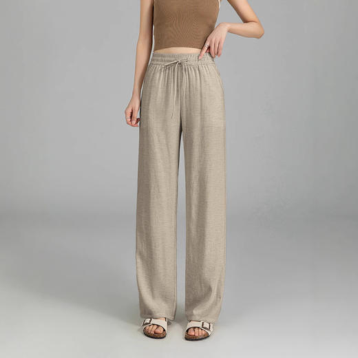 百媚生 亚麻混纺松紧腰抽绳直筒裤高腰阔腿裤25SS0039 商品图1