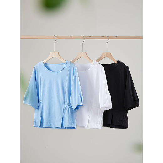 【周末秒杀】熙世界纯棉开叉中袖T恤女设计感2025夏季新款法式五分袖短款上衣 商品图4