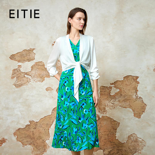 EITIE爱特爱时尚高腰a字显瘦撞色印花V领无袖连衣裙夏季新款8207940 商品图0