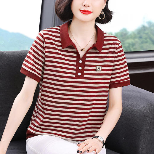 百媚生 棉质翻领条纹上衣短袖6830 商品图0