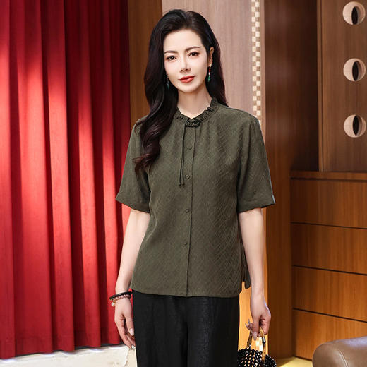LS-LX2826冠乐绉香云纱上衣女2025夏装新款新中式短袖阔太太桑蚕丝真丝衬衫 商品图3