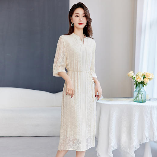 QS-82599578非遗100桑蚕丝绣花连衣裙女夏季7分袖显瘦气质中长裙9578 商品图1