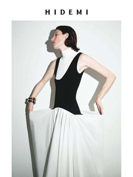 HIDEMI极简不对称立裁设计感花苞式黑白撞色背心连衣裙长裙 商品图6