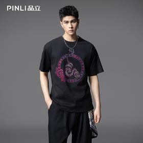 PINLI品立2025夏季新款男士圆领植物烫钻短袖T恤上衣BG252111032