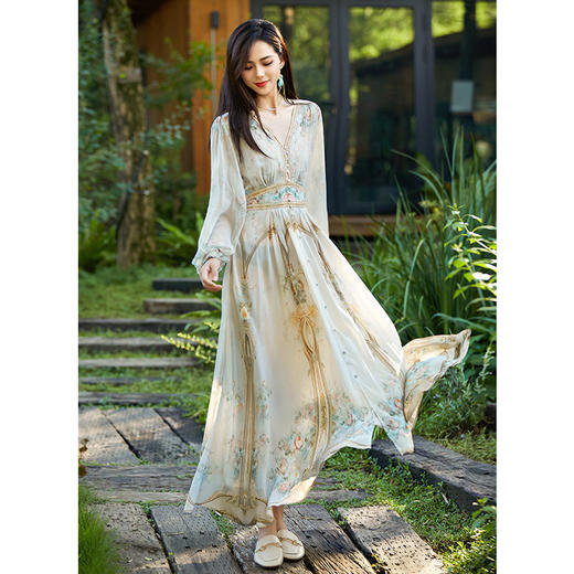 丁摩店主力荐轻奢高级桑蚕丝定位印花真丝长袖修身v领长款连衣裙ALF4527 商品图1