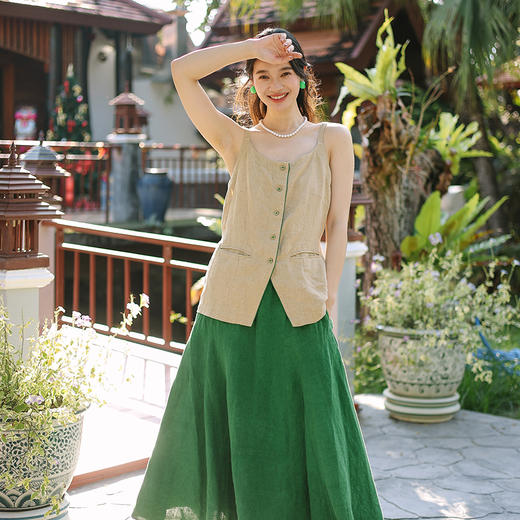 绽放096-097朵/重磅石磨洗亚麻撞色边麦田吊带青苹果鱼尾半裙套装 商品图3