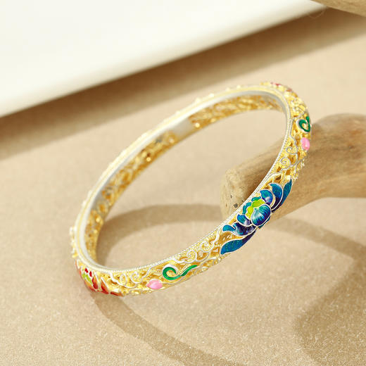 Winy足银莲花镂空描金手镯 重约27±1g 配证书 商品图2