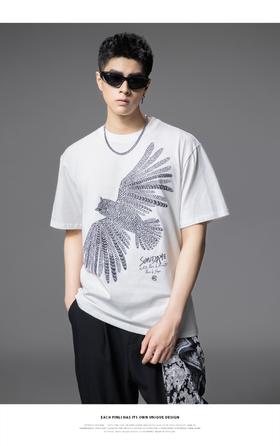 PINLI品立2025夏季新款男圆领猫头鹰烫画短袖T恤上衣BG252111022