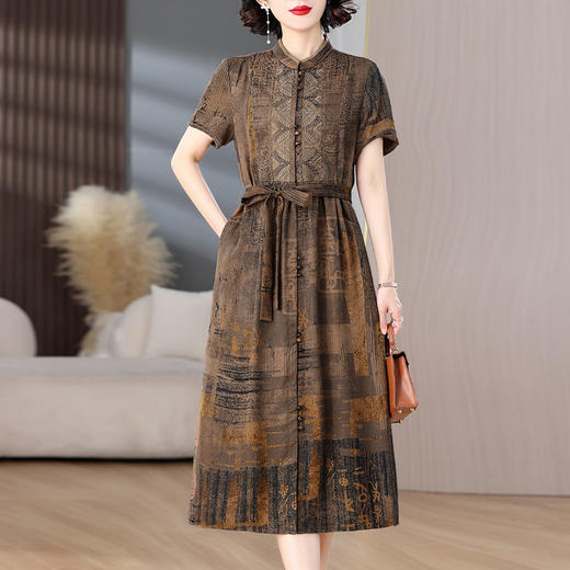 雀说复古国风印花连衣裙新款时尚优雅短袖衬衫AL9123 商品图0