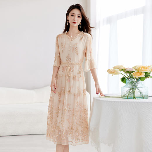 QS-82589066非遗绣花真丝女装V领气质中长A字裙高端100%桑蚕丝连衣裙9066 商品图2