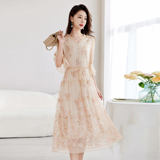 QS-82589066非遗绣花真丝女装V领气质中长A字裙高端100%桑蚕丝连衣裙9066 商品图1