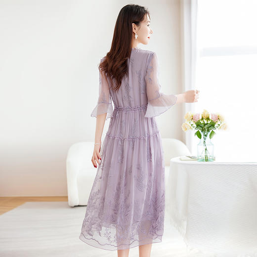 QS-82589180丝绸高端真丝绣花中长裙气质显瘦大码100%桑蚕丝连衣裙女9180 商品图3