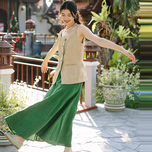 绽放096-097朵/重磅石磨洗亚麻撞色边麦田吊带青苹果鱼尾半裙套装 商品图2