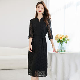 QS-82599578非遗100桑蚕丝绣花连衣裙女夏季7分袖显瘦气质中长裙9578