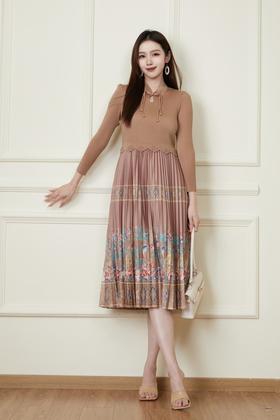 Le Malene 气质褶皱盘扣印花连衣裙 19941