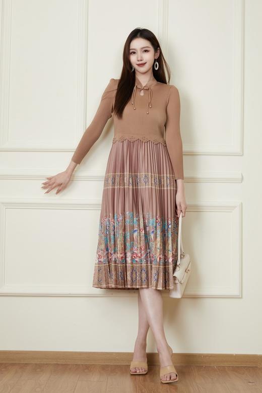 Le Malene 气质褶皱盘扣印花连衣裙 19941 商品图0