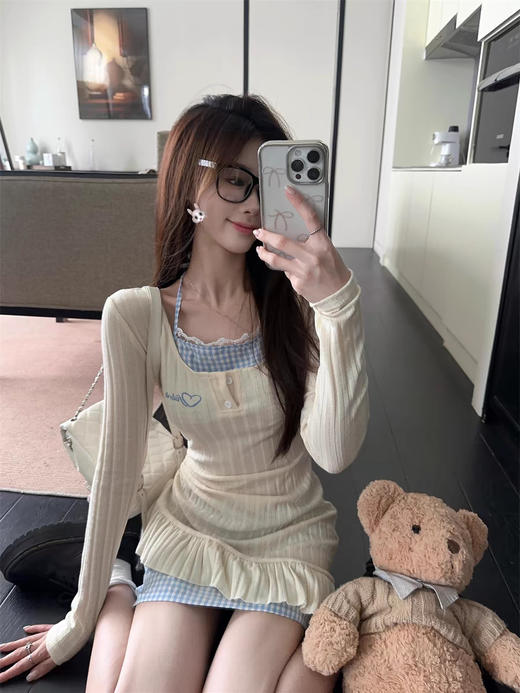 【纯欲风挂脖连衣裙】夏秋季假两件裙子 甜辣妹收腰不规则拼接叠穿短裙  商品图1