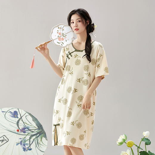 中式国风睡裙新款女士古风短袖睡裙家居服中短款连衣裙文艺仿古薄款居家可外穿睡衣2025新款 商品图2