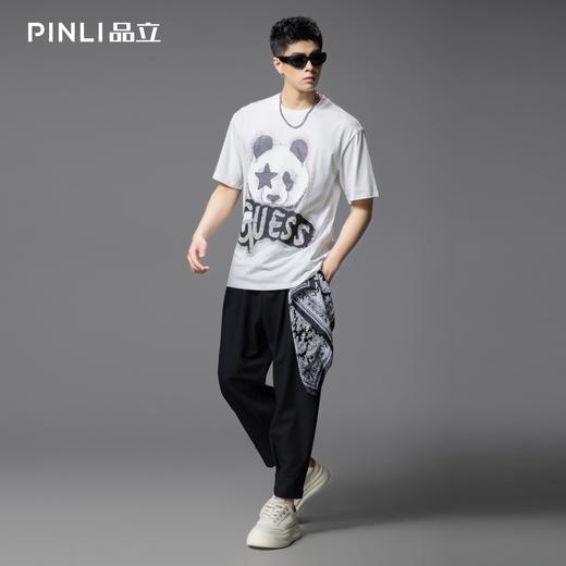 PINLI品立2025夏季新款男士圆领熊猫字母烫钻短袖T恤落肩潮牌上衣BG252111029 商品图1