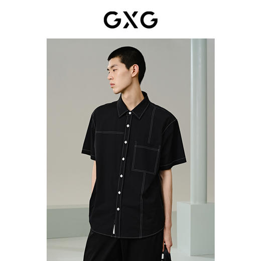 GXG男装 黑色撞色设计短袖衬衫 日常休闲简约时尚通勤夏季热卖短袖衬衫G24X232022 商品图3