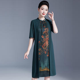 GYYays9102香云纱真丝中国风印花2025夏季新款中长裙中老年妈妈装大码连衣裙