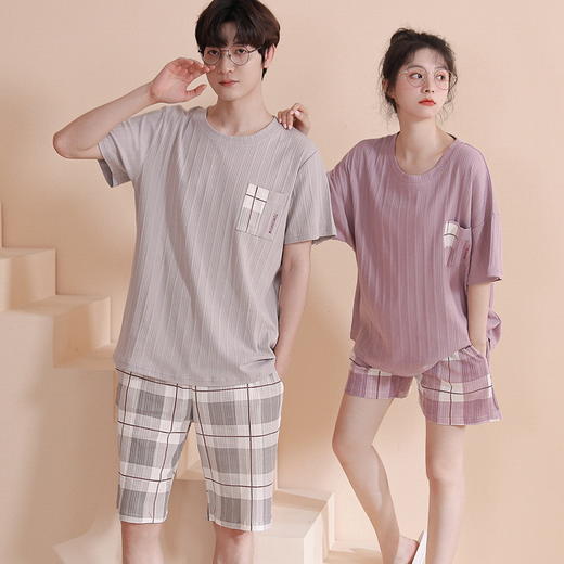 新款情侣短袖短裤睡衣女夏季薄款棉质款男家居服套装宽松休闲卡通2025 新款夏季睡衣男 商品图1