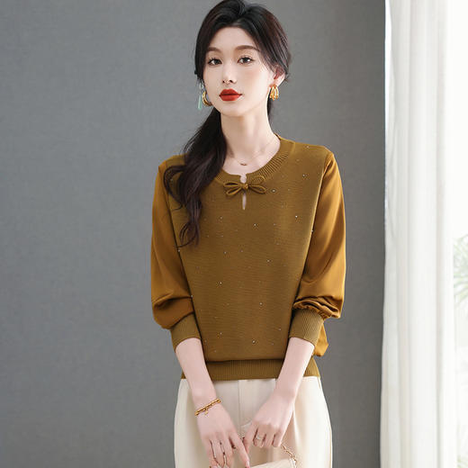 CC-5-6357洋气圆领镶钻长袖针织衫女士2025新款春秋宽松拼接遮肚雪纺上衣服 商品图1
