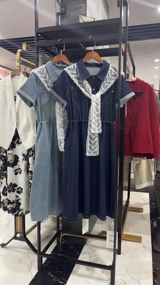 B8044       韩版休闲减龄收腰显瘦蕾丝披肩牛仔连衣裙 商品图13