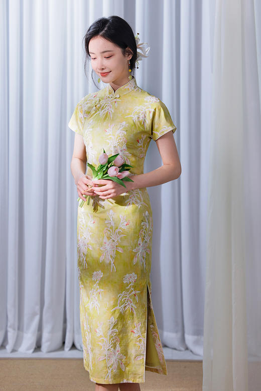 清新百合刺绣旗袍『杳卿』春日生韵棉麻系列，心机微宽松，松弛显瘦舒适 商品图7