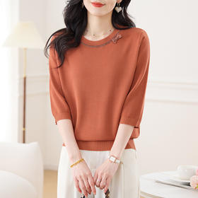 CC-17-2555圆领五分袖冰丝针织t恤女2025新款春夏薄款小衫妈妈中袖打底上衣