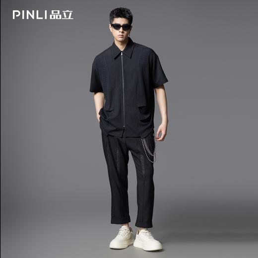 PINLI品立夏季新款设计感拼接短袖衬衫潮牌拉链宽松翻领上衣B252113039 商品图1