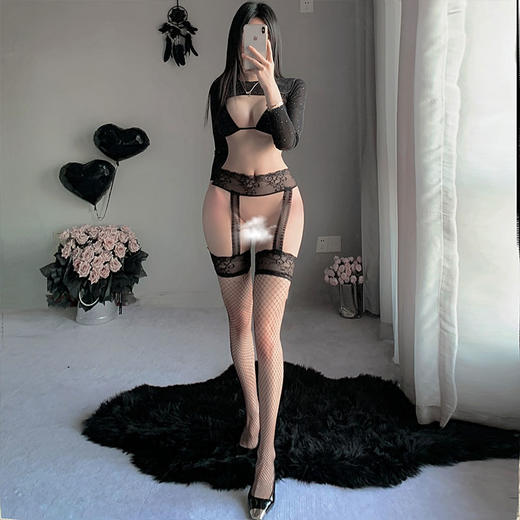 【一撕即爽】性感镂空吊袜带渔网袜 情趣一体袜长筒过膝 黑丝诱惑装可撕激情内衣女A77 商品图3