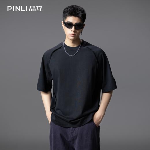 PINLI品立2025夏季新款重磅纯棉短袖T恤男士宽松拼接美式休闲体恤GD252111298 商品图0