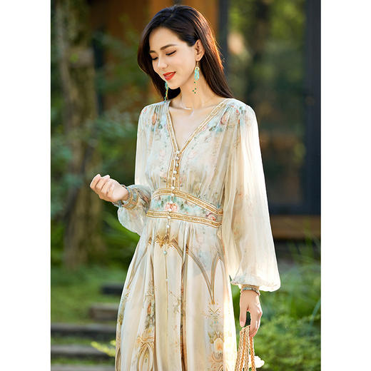 丁摩店主力荐轻奢高级桑蚕丝定位印花真丝长袖修身v领长款连衣裙ALF4527 商品图3