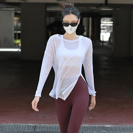 Beemen竹节纱瑜伽服女上衣遮臀遮肉宽松健身运动长袖秋 商品图1