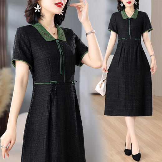 雀说时尚翻领黑色连衣裙新款收腰中长裙AL9143 商品图2