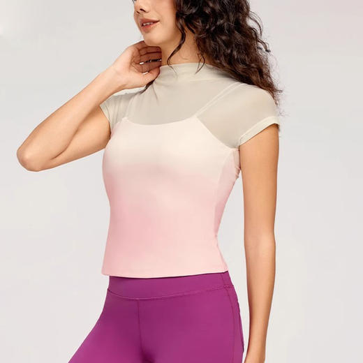 【限时秒】YOGACODE【火树银花系列】假两件瑜伽服上衣女网纱拼接透气运动短袖DWY115002 商品图0