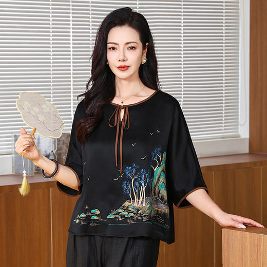 丁摩缎面香云纱小衫中老年女装时尚绣花洋气质复古妈妈新中式真丝上衣AL221823 商品图2