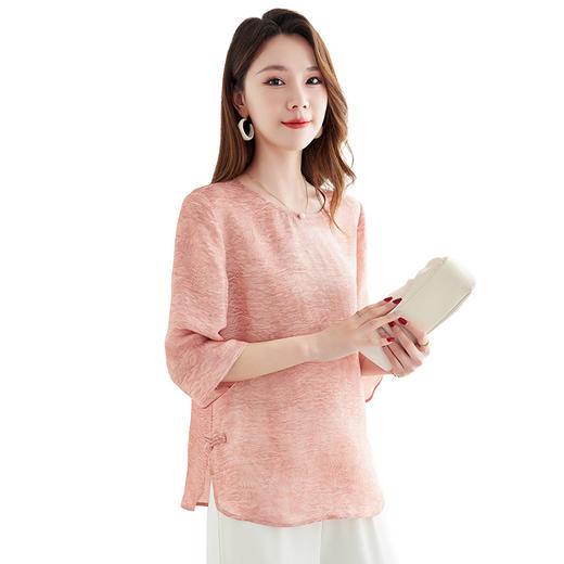 QS-12599090【传统花螺炒色】新国风桑蚕丝小衫上衣女气质韵味显瘦打底衫9090 商品图4