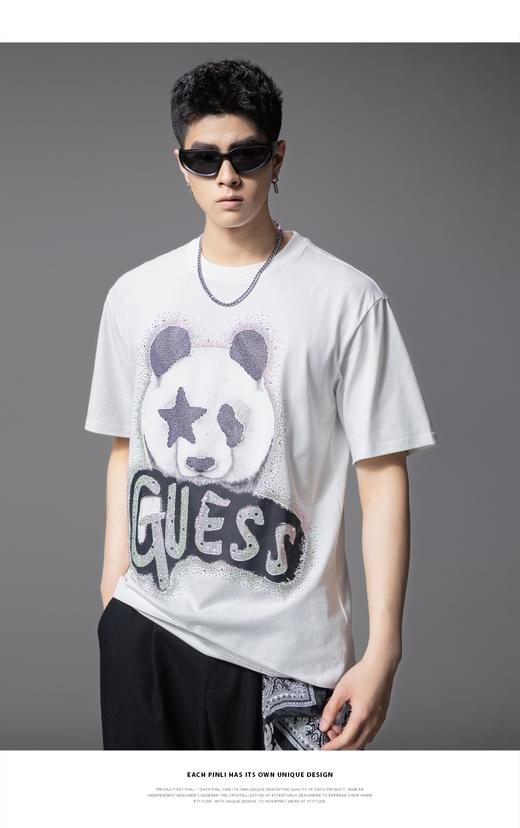 PINLI品立2025夏季新款男士圆领熊猫字母烫钻短袖T恤落肩潮牌上衣BG252111029 商品图0