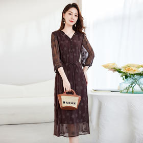 QS-82588892中大淑真丝连衣裙女高档绣花桑蚕丝A字裙优雅修身中长裙8892